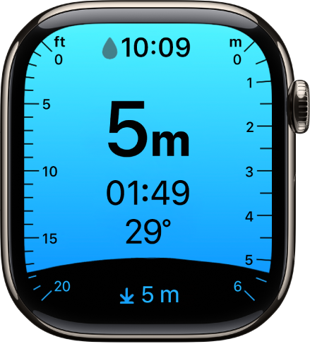 De Diepte-app met de huidige diepte, de tijdsduur onder water, de watertemperatuur en de maximale diepte van de duik. Streepjes aan de linkerzijde geven de diepte in voet aan van 0 tot 20. Streepjes aan de rechterzijde geven de diepte in meters aan van 0 tot 6.