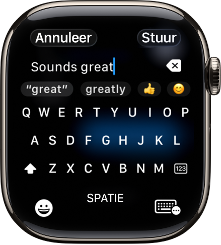 Het tekstveldscherm met een bericht dat wordt geschreven met het schermtoetsenbord. Onderaan staan de knoppen voor emoji's en het schermtoetsenbord.