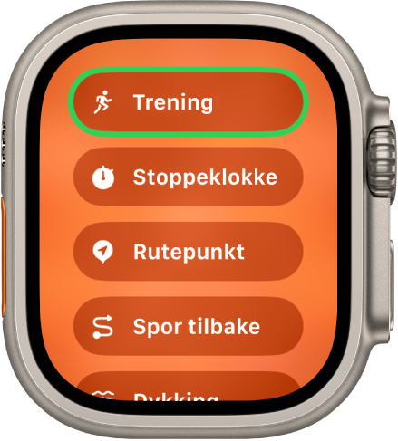 Hurtigveksler-skjermen viser handlingene som kan tilordnes til handlingsknappen, som Trening, Stoppeklokke, Rutepunkt og Spor tilbake.