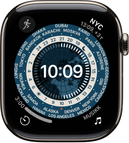 Verdensur-urskiven med en analog klokke. I midten er det et kart av jordkloden, som viser dag og natt. Tall og navn på byer vises rundt urskiven for å indikere klokkeslettet på hvert sted. Det er komplikasjoner i hvert hjørne: Musikk øverst til venstre, Oversett øverst til høyre, Tidtaker nederst til venstre og datoen nederst til høyre.