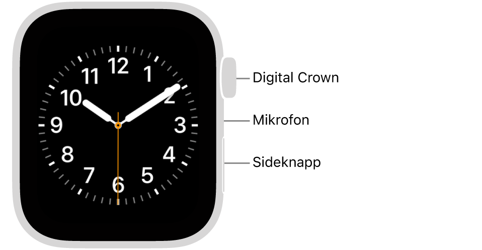 Skjermen på forsiden av Apple Watch Series 6 viser urskiven, mens Digital Crown, mikrofonen og sideknappen vises fra øverst til nederst på siden av klokken.