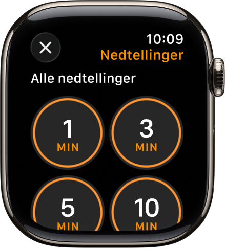 Nedtelling-appskjermen som viser Legg til-knappen for å legge til en ny nedtelling, og nedtelling for 1, 3, 5 eller 10 minutter.