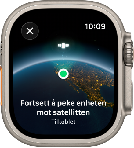 En skjerm viser et satellittsymbol over en buet visning av jorden, en grønn tilkoblingsindikator samt teksten Fortsett å peke enheten mot satellitten.