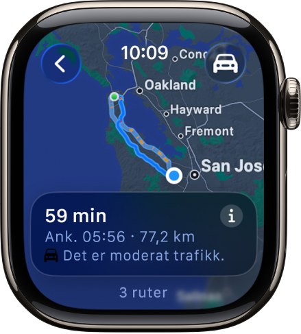 Kart-appen viser en oversikt over veibeskrivelser. Den første delen av reisen vises nederst.