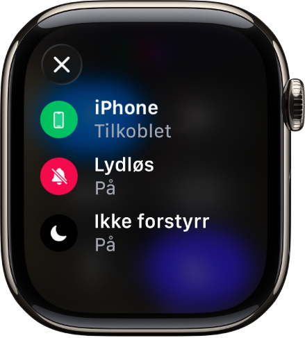 Statusinformasjonen viser at iPhone er tilkoblet, Sted brukes av Meldinger, Lydløsmodus er slått på, og Ikke forstyrr er slått på.