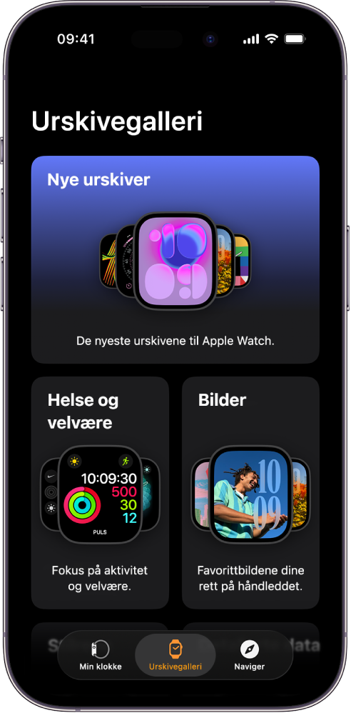 Apple Watch-appen er åpen og viser Urskivegalleri. Den øverste raden viser nye urskiver, og den neste raden viser urskiver gruppert etter type, for eksempel Helse og trening og Bilder. Du kan rulle for å se flere urskiver gruppert etter type.