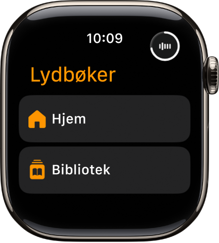Lydbøker-appen som viser knappene Hjem og Bibliotek.