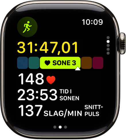 En aktiv løpeøkt viser tid brukt for treningsøkten, sonen du er i, puls, tid i sonen samt gjennomsnittlig puls.