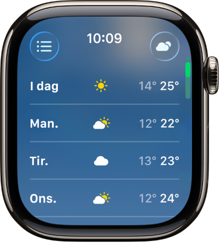 10-dagersvarsel-skjermen som viser fire dager med estimert laveste og høyeste temperatur.