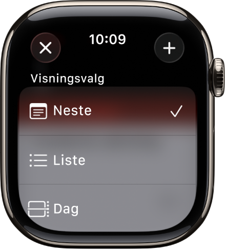 Kalender-skjerm som viser visningsvalg – Neste, Liste og Dag. Legg til-knappen vises øverst til høyre.