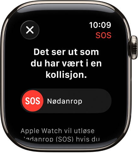 Kollisjonsregistrering-skjermen viser SOS-skyveknappen for å starte et nødanrop.