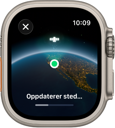 En skjerm der Oppdater posisjon vises med en framgangslinje og jorden sett fra verdensrommet med en grønn prikk som viser posisjonen din.
