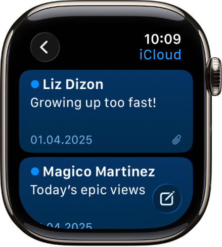 En innboks i Mail-appen viser to e-poster. Tilbake-knappen er øverst til venstre, og Skriv-knappen er nederst til høyre.