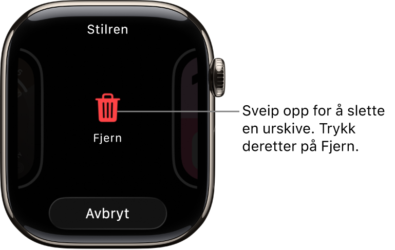 Apple Watch-skjermen som viser knappene Fjern og Avbryt, som vises etter at du har sveipet til en urskive og sveipet opp for å slette den.