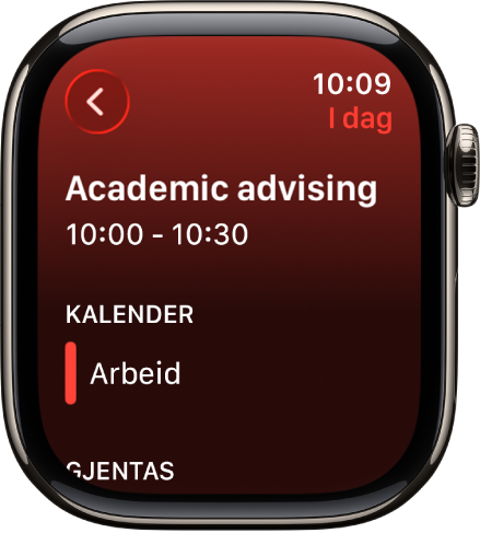 Kalender-skjerm som viser en ny hendelse. Navnet på hendelsen vises øverst, og tidspunktet for hendelsen vises under. Under Kalender-overskriften vises datoen for hendelsen og navnet på kalenderen som hendelsen tilhører.