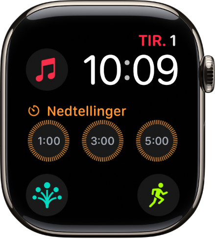Modulær urskiven som viser dato og klokkeslett øverst til høyre, og seks komplikasjoner: Jorden øverst til venstre, Nedtellinger i midten og Trening, Kompass og Sinnsstemning langs bunnen.
