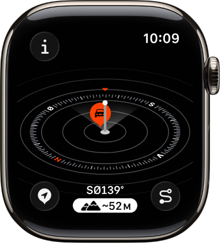 Kompass-appen viser høydevisningen. Et rutepunkt vises på en liggende kompasskive. En hvit søyle viser nåværende høyde, som er høyere enn de andre rutepunktene på kompasskiven. Info-knappen er øverst til venstre, Rutepunkter-knappen er nederst til venstre, Høyde-knappen er nederst i midten og Spor tilbake-knappen er nederst til høyre.
