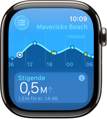 En skjerm i Tidevann-appen som viser informasjon om tidevann for et sted.