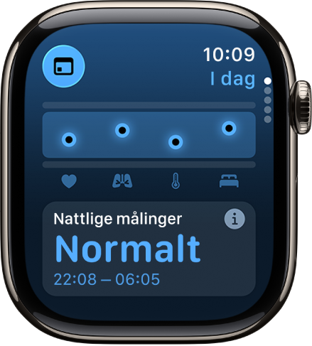 En skjerm i Vitale tegn-appen viser helsemålinger fra natten.