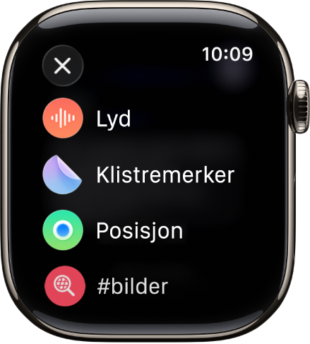 En Meldinger-skjerm som viser valg for vedlegg, for eksempel lyd, klistremerker, posisjon og bilder.