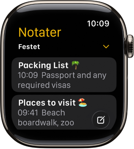 Notater-skjermen som viser to festede notater.