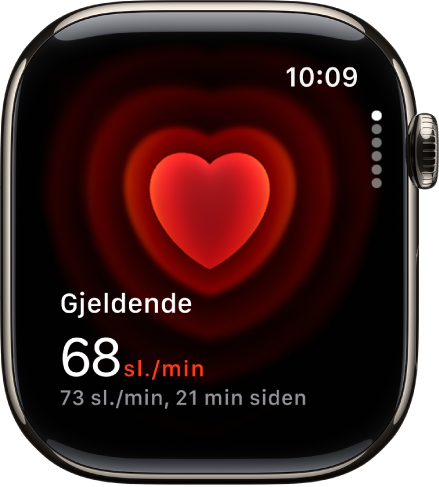 En Puls-skjerm, med nåværende puls nede til venstre og siste måling i liten skrift under.