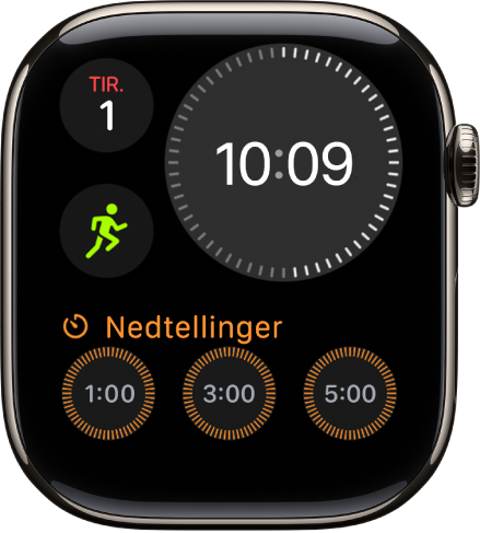 Kompakt modulær-urskiven som viser en digital klokke øverst til høyre, dag og dato øverst til venstre, og to komplikasjoner. Trening i midten til venstre og Sinnsstemning nederst.