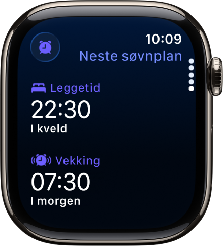 Søvn-appen på Apple Watch som viser kveldens søvnplan. Leggetid vises øverst, og Vekking-tiden vises nedenfor.