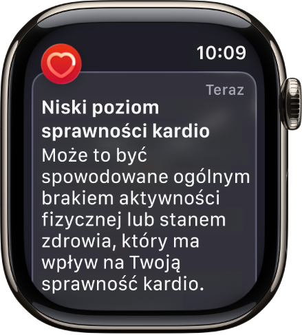 Alert dotyczący tętna, informujący o niskim poziomie sprawności kardio.