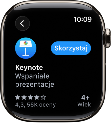 Ekran App Store wyświetlający stronę aplikacji z krótkim opisem, ocenami oraz przyciskiem Pobierz widocznym po prawej.