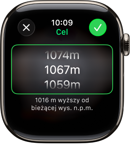 Aplikacja Kompas wyświetlająca ekran docelowej wysokości nad poziomem morza. Na środku ekranu widoczna jest przewijalna lista wysokości. Poniżej listy znajduje się informacja, o ile niżej lub wyżej w stosunku do Twojego położenia znajduje się wybrana wysokość. U góry widoczny jest przycisk Zamknij oraz przycisk z ikoną zaznaczenia.