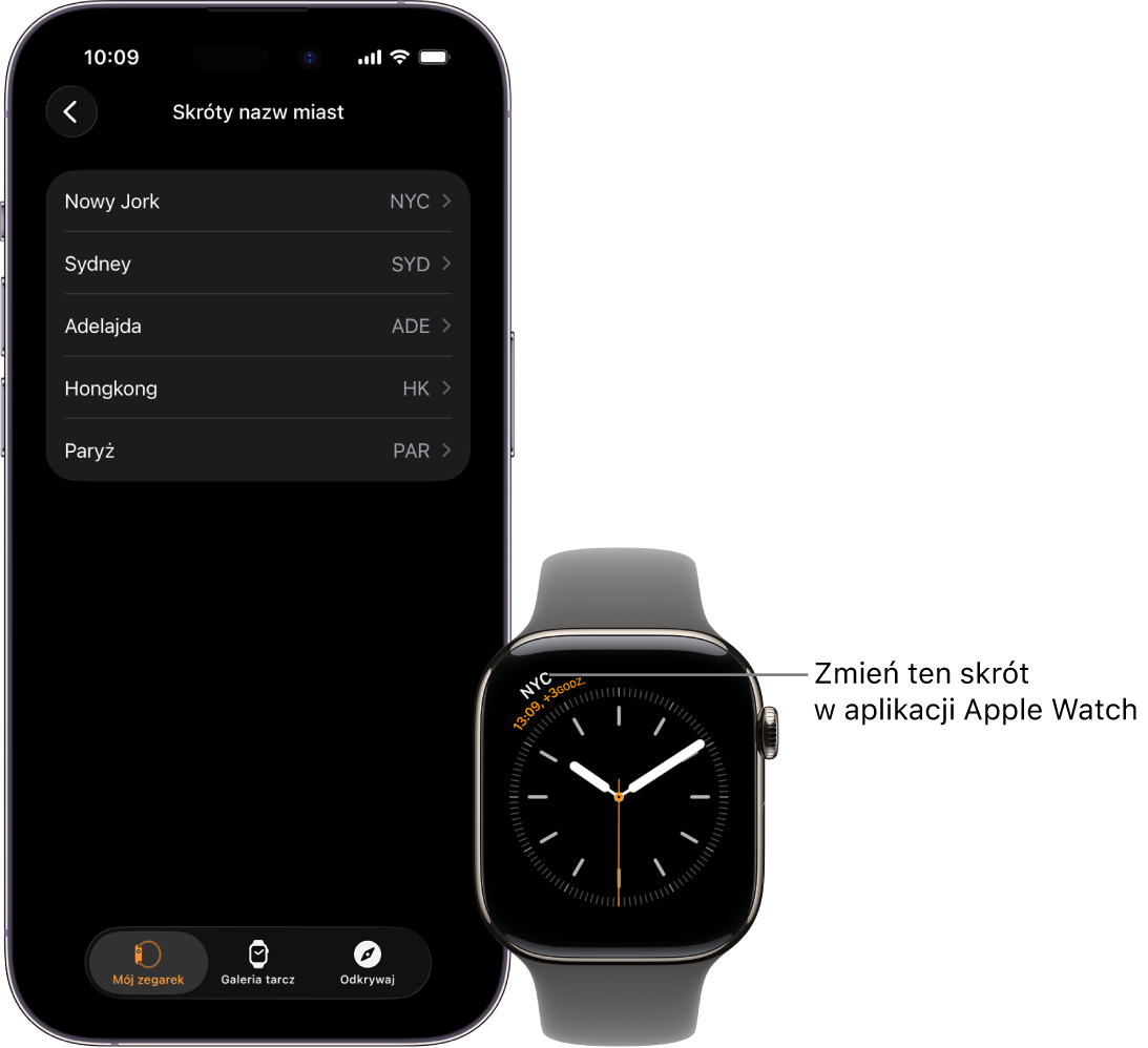 iPhone oraz Apple Watch. Apple Watch wyświetla godzinę w Nowym Jorku, oznaczonym skrótem NYC. Na ekranie iPhone’a widoczna jest lista miast znajdującą się w ustawieniach zegara w aplikacji Apple Watch.
