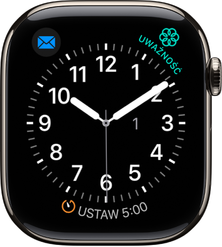 Tarcza Użytkowy, która pozwala zmieniać kolor wskazówki sekundowej oraz cyfry i detale cyferblatu. Widoczne są trzy komplikacje: Muzyka (w lewym górnym rogu), Uważność (w prawym górnym rogu) oraz Trening (na dole).