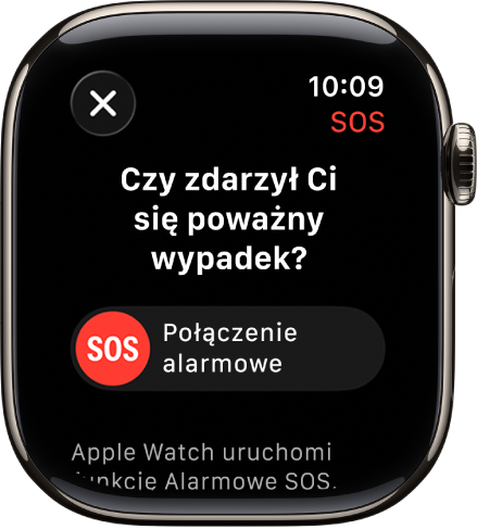 Ekran funkcji Wykrywanie wypadków pokazujący suwak SOS umożliwiający rozpoczęcie połączenia alarmowego.