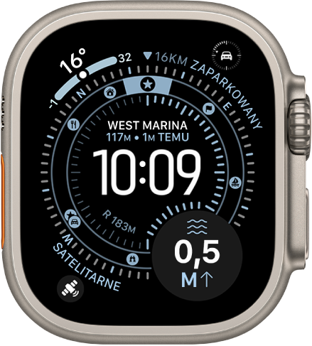 Ekran przedstawiający tarczę Punkt trasy na Apple Watch Ultra z komplikacją satelitarną w prawym dolnym rogu.