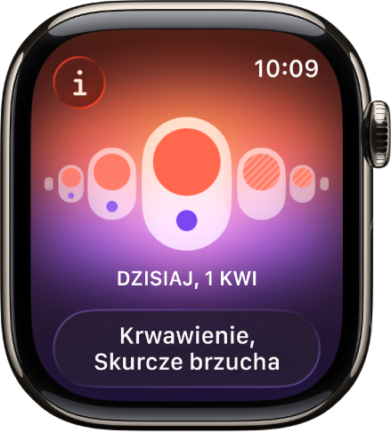Ekran aplikacji Śledzenie cyklu zawierający zarejestrowaną miesiączkę oraz zarejestrowane objawy na dole ekranu.