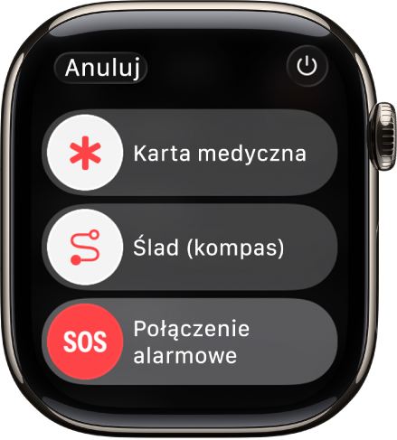Ekran kontaktu ze służbami ratowniczymi. Na górze znajduje się suwak Karta medyczna, na środku suwak rejestrowania śladu w aplikacji Kompas, a na dole — suwak Połączenie alarmowe.