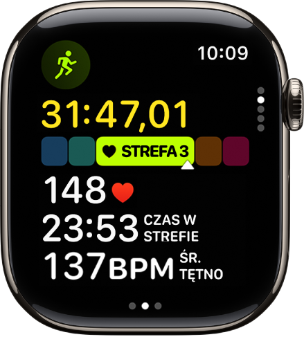 Trwający trening. Wyświetlany jest czas trwania treningu, bieżąca strefa tętna, bieżące tętno, czas w danej strefie oraz średnie tętno.