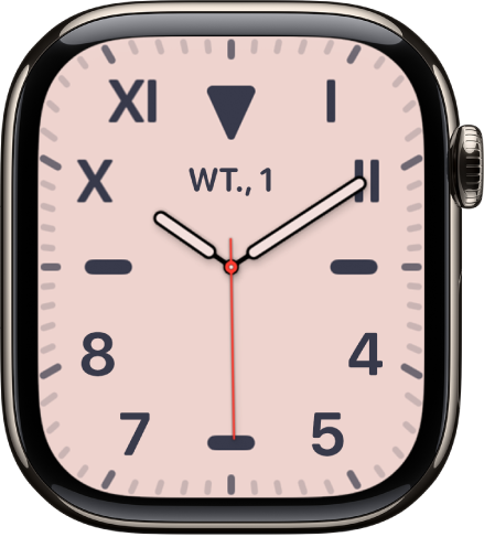 Tarcza Kalifornia, zawierająca cyfry rzymskie i arabskie. Widoczna jest data i komplikacja Faza księżyca.