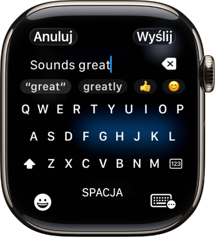 Ekran z polem tekstowym zawierającym wiadomość utworzoną przy użyciu klawiatury ekranowej. Na dole ekranu znajdują się przyciski Emoji oraz Klawiatura ekranowa.