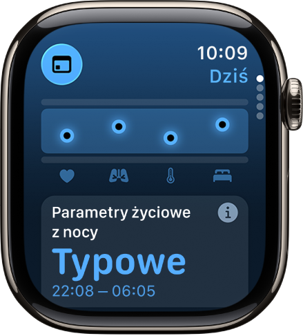 Ekran aplikacji Parametry życiowe, wyświetlający miary zdrowotne z nocy.