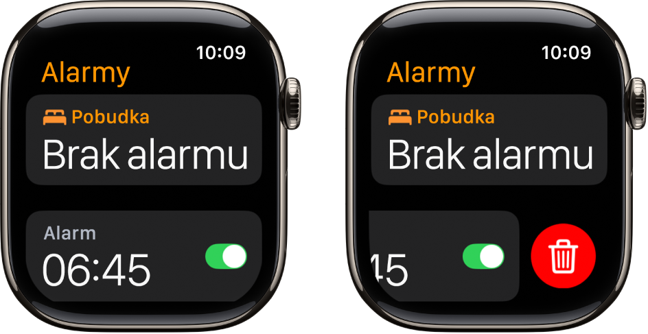 Dwa ekrany Apple Watch ilustrujące proces usuwania alarmu.