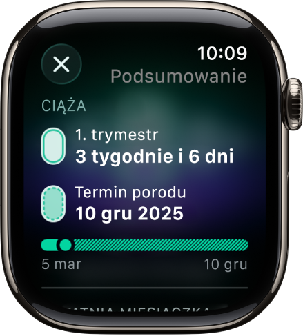 Ekran aplikacji Śledzenie cyklu, zawierający podsumowanie ciąży. Na środku widoczny jest wiek ciąży oraz czas porodu.