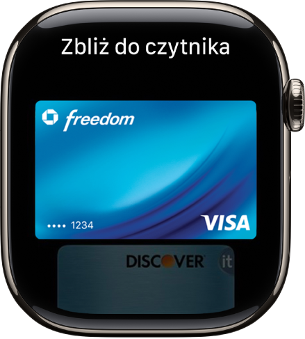 Ekran wyświetlający kartę płatniczą w Apple Pay gotową do użycia z czytnikiem zbliżeniowym.