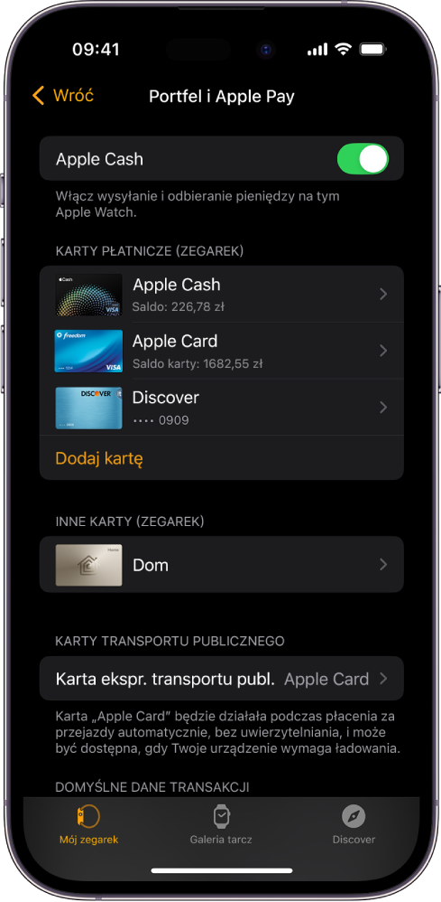Ekran iPhone’a wyświetlający ustawienia Portfela i Apple Pay w aplikacji Apple Watch.