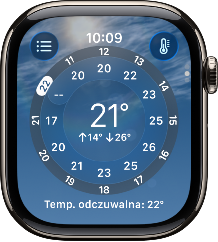 Aplikacja Pogoda pokazująca godzinową prognozę temperatury.
