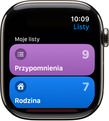 Ekran list w aplikacji Przypomnienia, wyświetlający dwa przyciski list: Rodzina oraz Dom. Liczby informują, ile przypomnień znajduje się na każdej liście. Stuknij w wybraną listę, aby zobaczyć znajdujące się na niej pozycje. Obróć Digital Crown, aby zobaczyć więcej list.