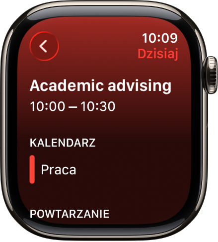 Ekran Kalendarza wyświetlający nowe wydarzenie. Na górze znajduje się nazwa wydarzenia, a poniżej widoczny jest czas wydarzenia. Poniżej nagłówka Kalendarz widoczna jest data wydarzenia oraz nazwa kalendarza, do którego należy wydarzenie.