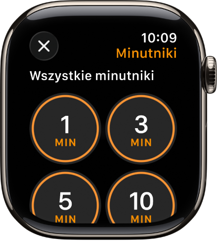 Ekran aplikacji Minutnik, zawierający przycisk dodawania umożliwiający utworzenie nowego minutnika, a także przyciski szybkiego uruchamiania minutników na jedną, trzy, pięć lub dziesięć minut.