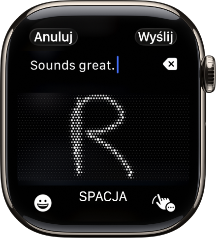Ekran z polem tekstowym zawierającym literę wpisaną przy użyciu funkcji Pisanie odręczne. Na dole ekranu znajdują się przyciski Emoji oraz Pisanie odręczne.